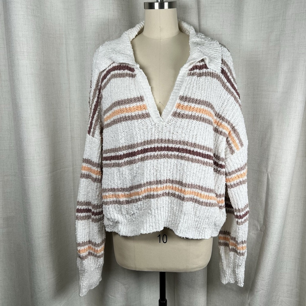 Free People Kennedy Striped Collared Pullover Sweater Large Oversized Ivory Oak